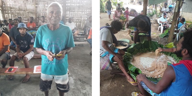 Community gathering in Vanuatu with a chief addressing the group and people preparing a traditional meal with banana leaves.