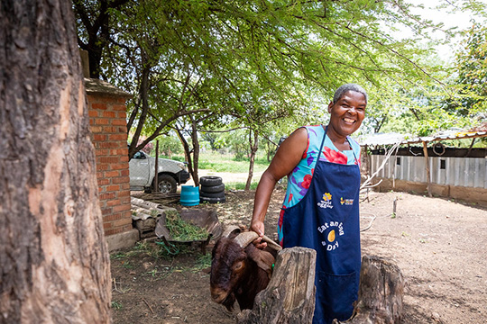 A smiling woman wearing an apron stands outdoors holding a goat by its horns, surrounded by trees and farm structures in a rural setting.