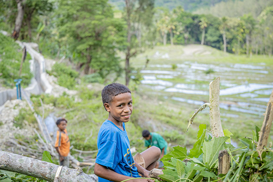 A smiling boy in a blue shirt sits on a log with a lush green agricultural field and other children in the background in a rural village setting.